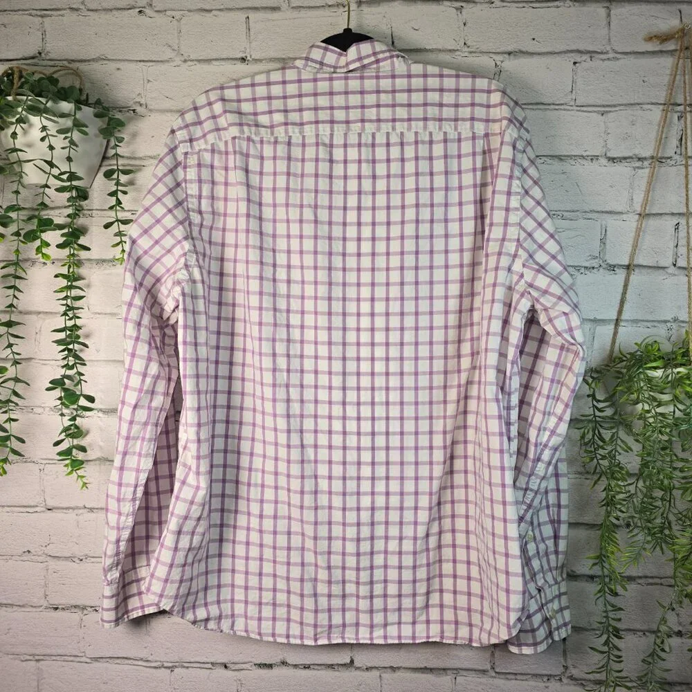 J. CREW MENS LONG SLEEVE BUTTON DOWN WHITE WITH PURPLE WINDOWPANE PRINT SIZE XL